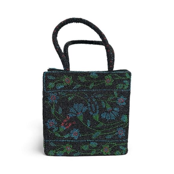 Vintage Hand Beaded Floral Mini Tote Bag Black Micro Purse Y2K Boho Evening